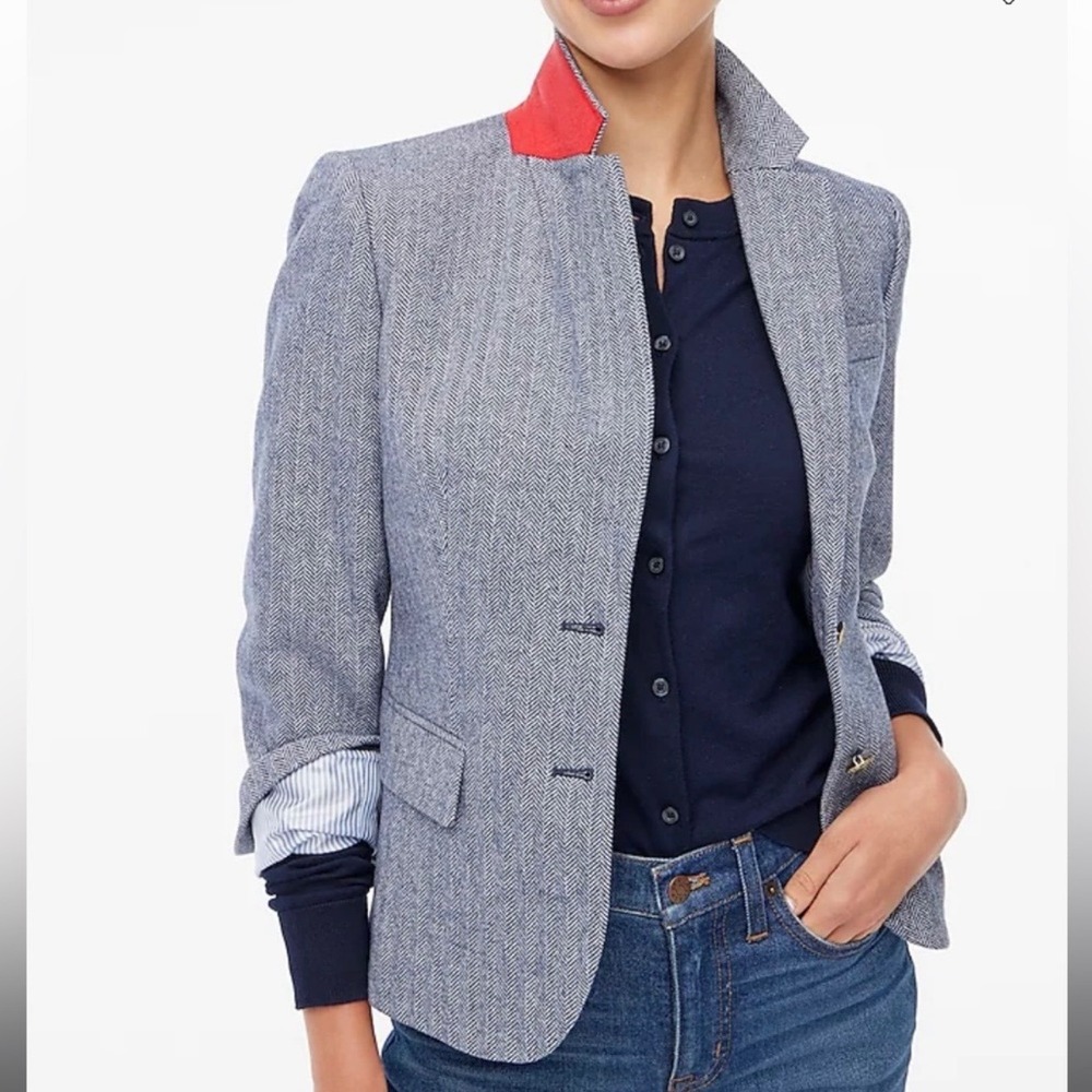 J. Crew Antique Navy Ivory Herringbone Wool Blend School Boy Blazer 6